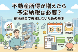 不動産オーナー向けの記事「不動産所得が増えたら予定納税は必要？ 納税資金で失敗しないための基本」のアイキャッチ画像。笑顔で家賃収入の札束を持つ男性の周りに、「家賃収入UP」、予定納税の月である「7月」「11月」のカレンダー、税務署からの「納税通知」、そして具体的な資金準備のアイコン（貯金箱、納税専用口座、失敗しない資金管理のチェックリスト）が配置されており、予定納税への備えと資金管理の重要性を視覚的に表現している。