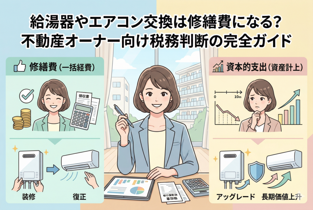 給湯器やエアコン交換の税務判断を解説するアイキャッチ画像。中央に微笑む女性不動産オーナーが座り、上部に「給湯器やエアコン交換は修繕費になる?不動産オーナー向け税務判断の完全ガイド」の文字。左側は「修繕費(一括経費)」として、笑顔の女性、コイン、計算機、領収書、そして「装修」「復正」の文字とともに給湯器とエアコンのイラスト。右側は「資本的支出(資産計上)」として、考える女性、下向き矢印のグラフ、棒グラフ、そして「アップグレード」「長期価値上昇」の文字とともにシールドと上向き矢印が付いた給湯器とエアコンのイラスト。