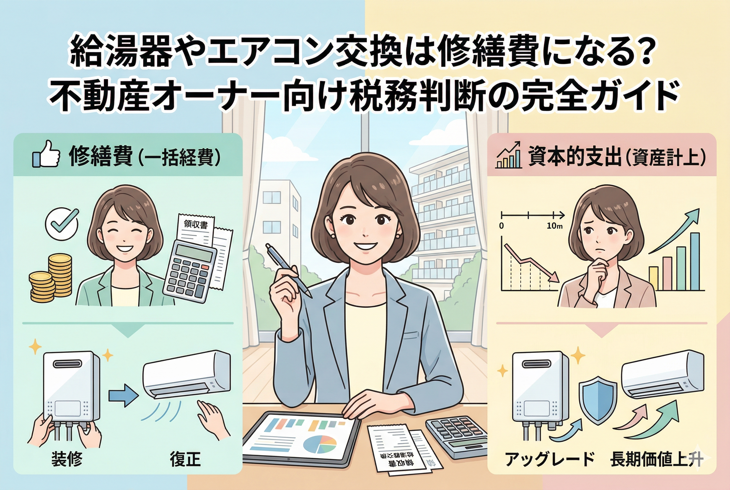 給湯器やエアコン交換の税務判断を解説するアイキャッチ画像。中央に微笑む女性不動産オーナーが座り、上部に「給湯器やエアコン交換は修繕費になる?不動産オーナー向け税務判断の完全ガイド」の文字。左側は「修繕費(一括経費)」として、笑顔の女性、コイン、計算機、領収書、そして「装修」「復正」の文字とともに給湯器とエアコンのイラスト。右側は「資本的支出(資産計上)」として、考える女性、下向き矢印のグラフ、棒グラフ、そして「アップグレード」「長期価値上昇」の文字とともにシールドと上向き矢印が付いた給湯器とエアコンのイラスト。