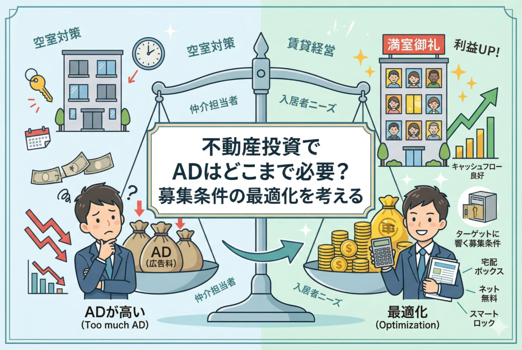 不動産投資におけるAD(広告料)の是非と募集条件の最適化を比較したイラスト。左側には「ADが高い」ことに悩み、利益が減少している大家さんの姿があり、右側には「最適化」によって設備導入(ネット無料や宅配ボックス等)と適正な広告費で満室経営を実現し、笑顔の大家さんが描かれている。中央の天秤が「仲介担当者のモチベーション」と「入居者ニーズ」のバランスの重要性を表現している。