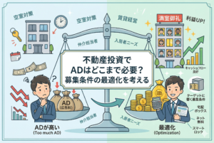 不動産投資におけるAD（広告料）の是非と募集条件の最適化を比較したイラスト。左側には「ADが高い」ことに悩み、利益が減少している大家さんの姿があり、右側には「最適化」によって設備導入（ネット無料や宅配ボックス等）と適正な広告費で満室経営を実現し、笑顔の大家さんが描かれている。中央の天秤が「仲介担当者のモチベーション」と「入居者ニーズ」のバランスの重要性を表現している。