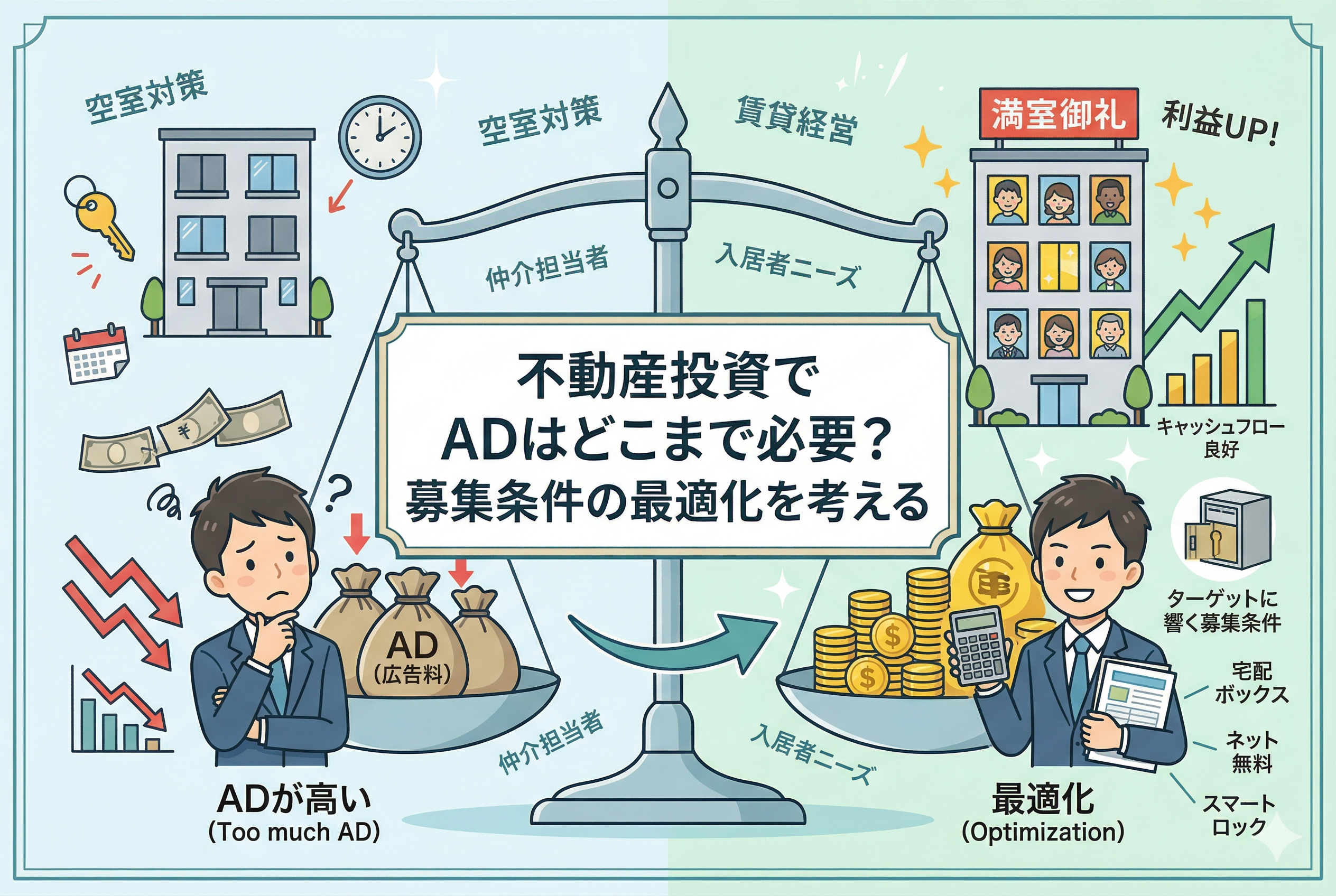 不動産投資におけるAD(広告料)の是非と募集条件の最適化を比較したイラスト。左側には「ADが高い」ことに悩み、利益が減少している大家さんの姿があり、右側には「最適化」によって設備導入(ネット無料や宅配ボックス等)と適正な広告費で満室経営を実現し、笑顔の大家さんが描かれている。中央の天秤が「仲介担当者のモチベーション」と「入居者ニーズ」のバランスの重要性を表現している。