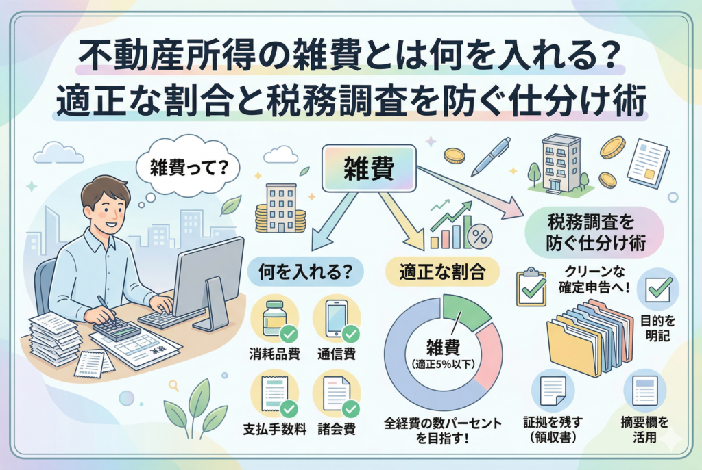 不動産所得の雑費に関する確定申告のコツを図解したインフォグラフィック。男性が「雑費って?」と疑問を持つ様子から、雑費に入れるべき具体例(消耗品費、通信費、支払手数料、諸会費)や、適正な割合(全経費の数パーセント、5%以下)、税務調査を防ぐための仕分け術(目的明記、証拠保管、摘要欄活用)などが分かりやすく紹介されている。クリーンな確定申告を目指すためのガイドとなっている。
