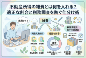 不動産所得の雑費に関する確定申告のコツを図解したインフォグラフィック。男性が「雑費って？」と疑問を持つ様子から、雑費に入れるべき具体例（消耗品費、通信費、支払手数料、諸会費）や、適正な割合（全経費の数パーセント、5%以下）、税務調査を防ぐための仕分け術（目的明記、証拠保管、摘要欄活用）などが分かりやすく紹介されている。クリーンな確定申告を目指すためのガイドとなっている。
