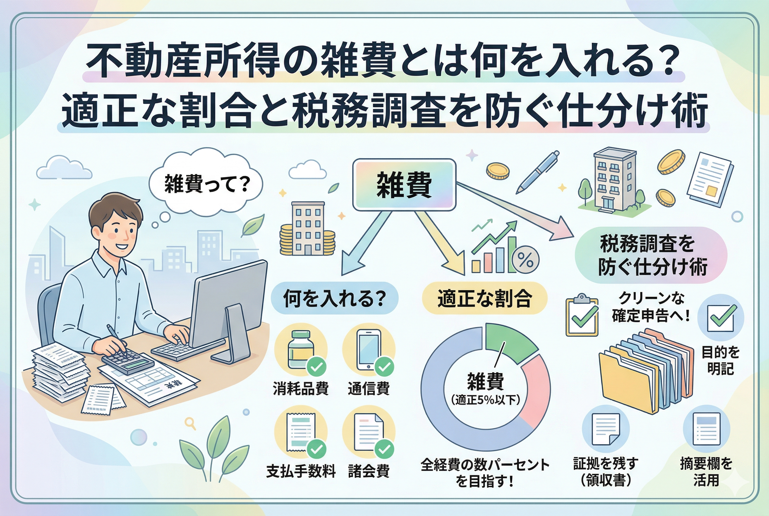 不動産所得の雑費に関する確定申告のコツを図解したインフォグラフィック。男性が「雑費って?」と疑問を持つ様子から、雑費に入れるべき具体例(消耗品費、通信費、支払手数料、諸会費)や、適正な割合(全経費の数パーセント、5%以下)、税務調査を防ぐための仕分け術(目的明記、証拠保管、摘要欄活用)などが分かりやすく紹介されている。クリーンな確定申告を目指すためのガイドとなっている。