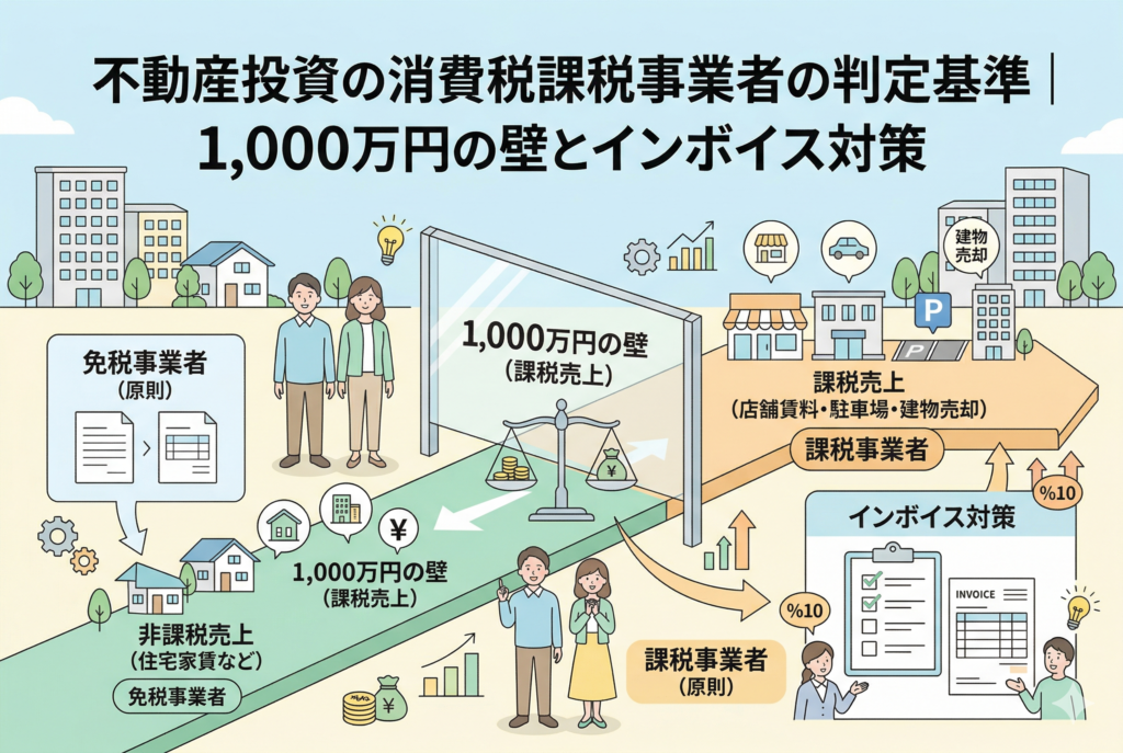不動産投資における消費税の納税義務を判定する仕組みの図解イラスト。左側に非課税売上（住宅家賃）のみの「免税事業者」フェーズ、中央に「1,000万円の壁（課税売上）」の境界線、右側に店舗賃料や建物売却などの課税売上によって「課税事業者」へ移行するプロセスと、インボイス制度への対応チェックリストが描かれています。