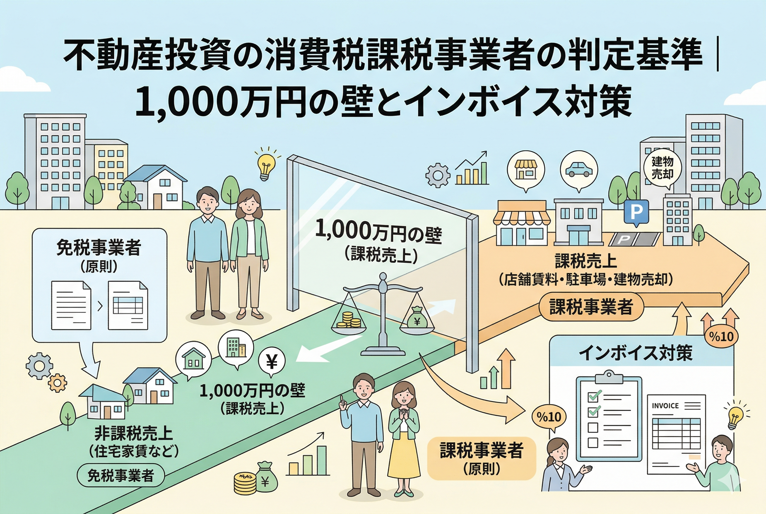 不動産投資における消費税の納税義務を判定する仕組みの図解イラスト。左側に非課税売上（住宅家賃）のみの「免税事業者」フェーズ、中央に「1,000万円の壁（課税売上）」の境界線、右側に店舗賃料や建物売却などの課税売上によって「課税事業者」へ移行するプロセスと、インボイス制度への対応チェックリストが描かれています。