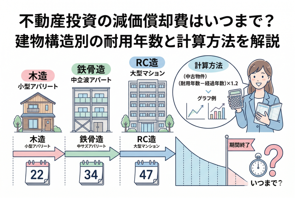 不動産投資の減価償却期間を解説するイラスト。木造(22年)、鉄骨造(34年)、RC造(47年)の建物と耐用年数が比較され、右側には電卓を持つ女性と計算式、減価償却費が減少していくグラフが描かれています。中央上部には「不動産投資の減価償却費はいつまで?建物構造別の耐用年数と計算方法を解説」のタイトルが入っています。