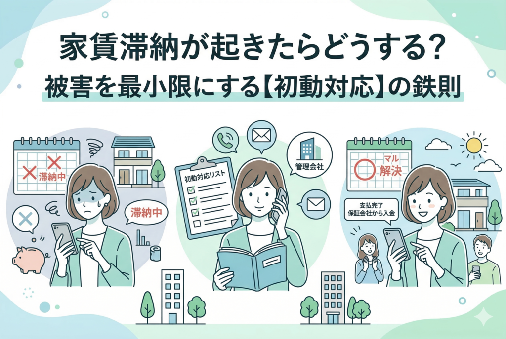 「家賃滞納が起きたらどうする？被害を最小限にする【初動対応】の鉄則」をテーマにしたインフォグラフィック。不安な不動産オーナー（女性）が、管理会社への連絡やチェックリストによる初動対応を経て、最終的に家賃が回収され解決へと向かう3ステップの流れを描いている。