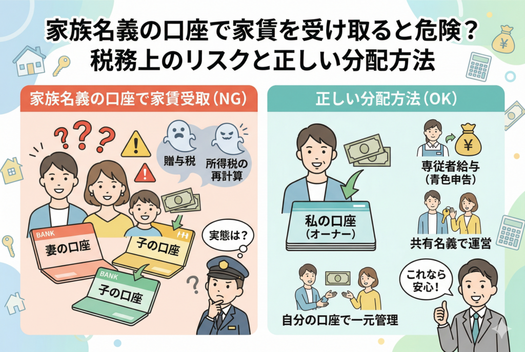 不動産投資における家賃受取口座の選択に関する比較図。左側の「家族名義の口座での受取（NG）」では、配偶者や子の口座を使うことによる贈与税や所得税再計算のリスクを、右側の「正しい分配方法（OK）」では、オーナー自身の口座での一元管理や専従者給与、共有名義といった健全な手法を対比させて解説しています。