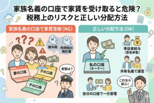 不動産投資における家賃受取口座の選択に関する比較図。左側の「家族名義の口座での受取（NG）」では、配偶者や子の口座を使うことによる贈与税や所得税再計算のリスクを、右側の「正しい分配方法（OK）」では、オーナー自身の口座での一元管理や専従者給与、共有名義といった健全な手法を対比させて解説しています。