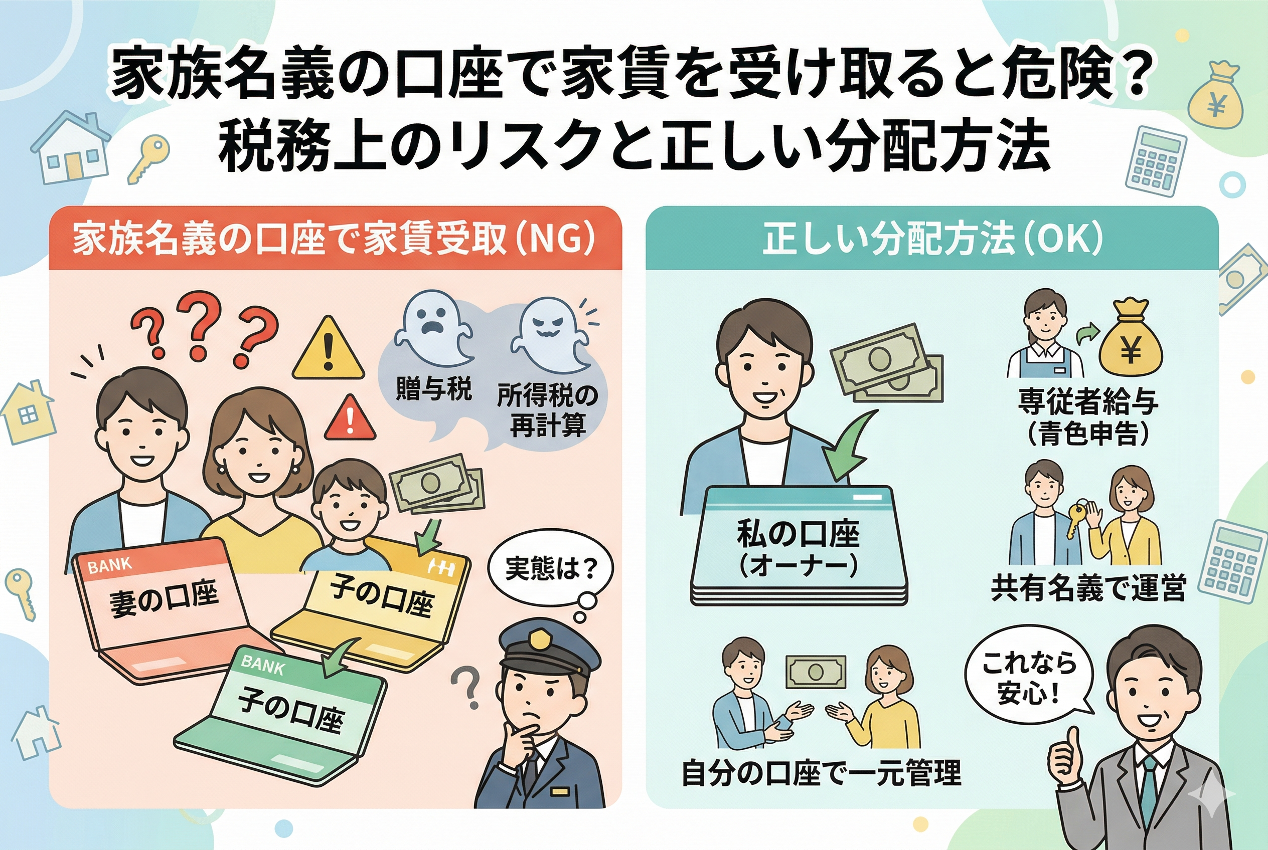 不動産投資における家賃受取口座の選択に関する比較図。左側の「家族名義の口座での受取(NG)」では、配偶者や子の口座を使うことによる贈与税や所得税再計算のリスクを、右側の「正しい分配方法(OK)」では、オーナー自身の口座での一元管理や専従者給与、共有名義といった健全な手法を対比させて解説しています。