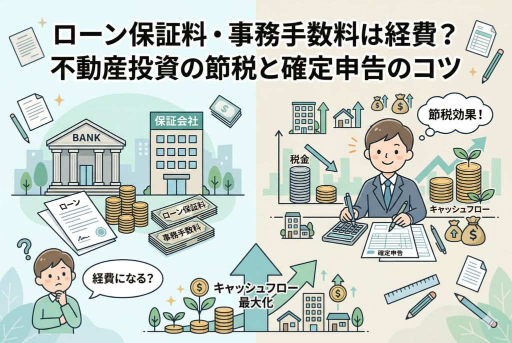 不動産投資の融資費用に関する税務処理を解説するイラスト。左側には銀行と保証会社、ローン保証料・事務手数料の束が描かれ、右側では投資家が確定申告書を作成しています。税金が減りキャッシュフローが増加する様子がグラフやアイコンで視覚化されており、上部には「ローン保証料・事務手数料は経費?不動産投資の節税と確定申告のコツ」というタイトルが入っています。