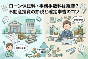 不動産投資の融資費用に関する税務処理を解説するイラスト。左側には銀行と保証会社、ローン保証料・事務手数料の束が描かれ、右側では投資家が確定申告書を作成しています。税金が減りキャッシュフローが増加する様子がグラフやアイコンで視覚化されており、上部には「ローン保証料・事務手数料は経費？不動産投資の節税と確定申告のコツ」というタイトルが入っています。
