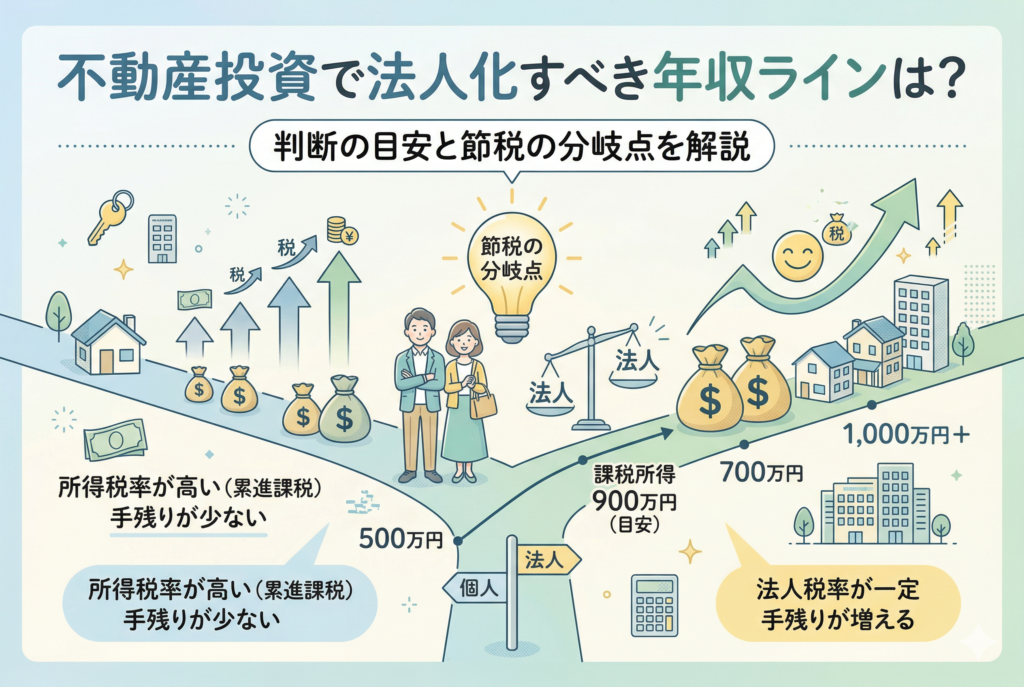 不動産投資の法人化タイミングを解説するロードマップ風のイラスト。中央に「節税の分岐点」を示す電卓と天秤が描かれ、左側の個人経営（累進課税で手残りが少ない）から、右側の法人経営（税率が一定で手残りが増える）へと分岐する道が示されています。「課税所得900万円」を主な判断目安とし、収入に応じた税務上の変化を視覚化したデザイン。