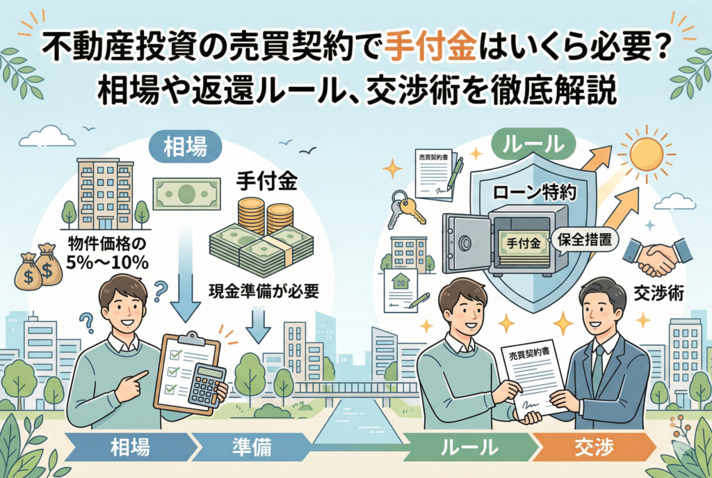 不動産投資の売買契約における手付金の仕組みを図解したイラスト。左側には「物件価格の5%〜10%」という相場や現金準備の必要性を、右側には売買契約を交わす男性たちと共に「ローン特約」や「保全措置」といった契約を守るためのルールや交渉術をアイコンで表現している。初心者が安心して契約に臨めるよう、相場・準備・ルール・交渉の4つのステップが視覚的にまとめられている。