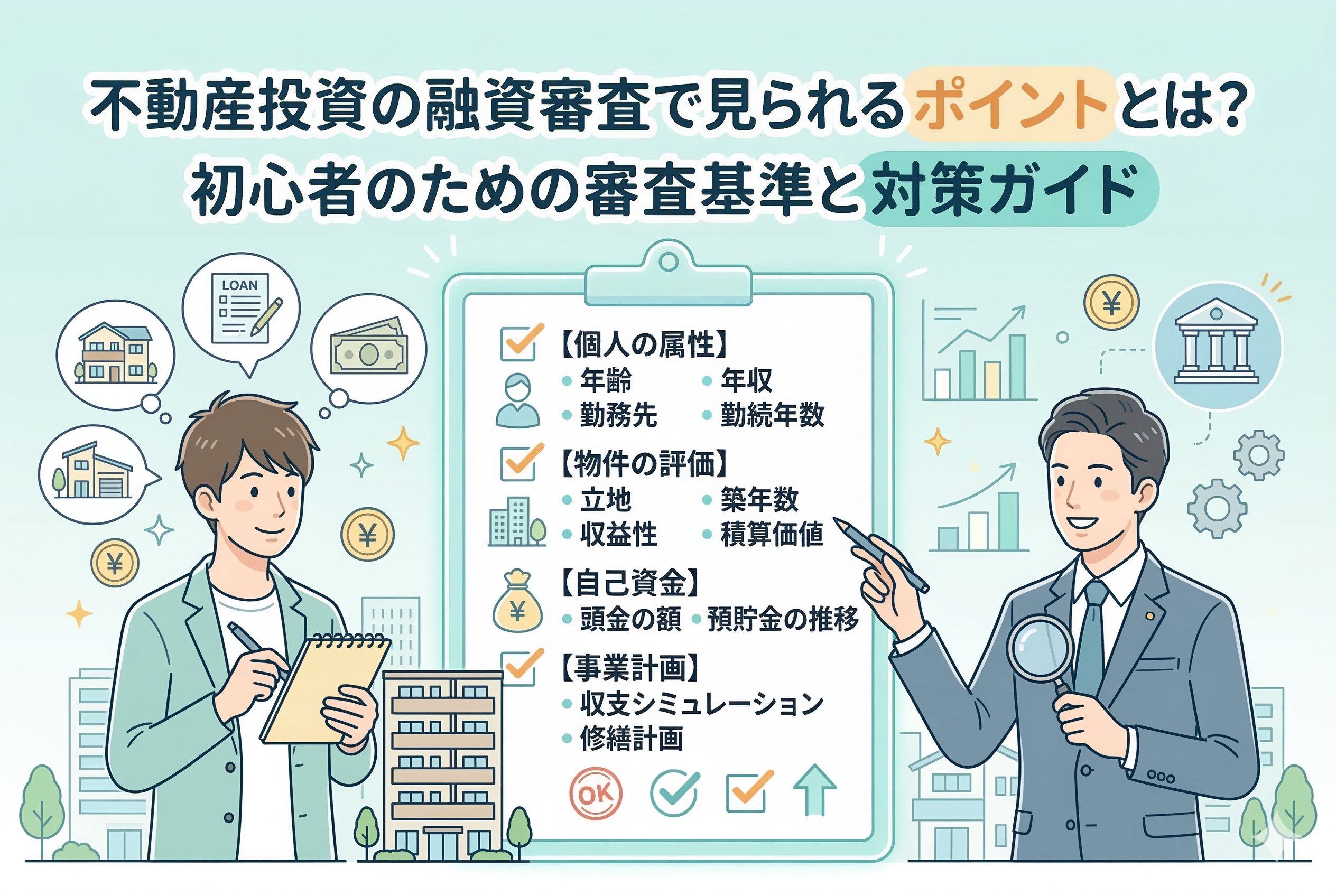 不動産投資の融資審査で見られるポイントを解説するイラスト。初心者の男性投資家と銀行員が、「個人の属性（年齢、年収など）」「物件の評価（立地、収益性など）」「自己資金」「事業計画」という4つの審査基準が書かれた大きなチェックリストを見ながら話している。画像上部には「不動産投資の融資審査で見られるポイントとは？初心者のための審査基準と対策ガイド」というタイトルテキストがある。