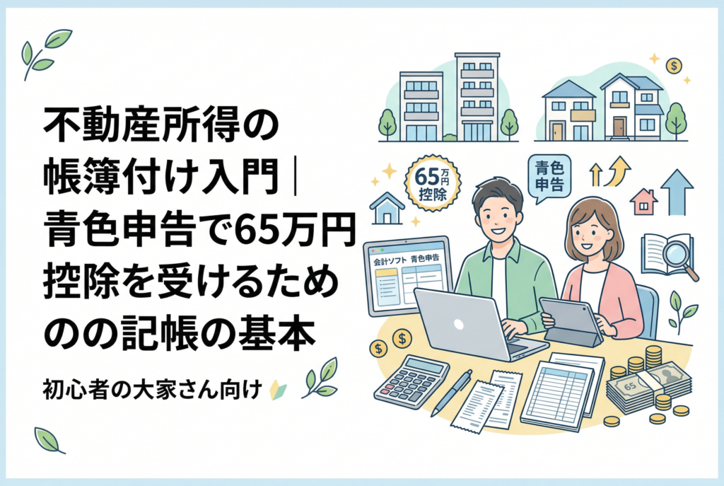 「不動産所得の帳簿付け入門」という記事タイトルが書かれたアイキャッチ画像。ノートパソコンや電卓を使って笑顔で青色申告の記帳を行う男女のオーナーと、65万円控除やアパートのアイコンが描かれた、清潔感のある親しみやすいイラスト。