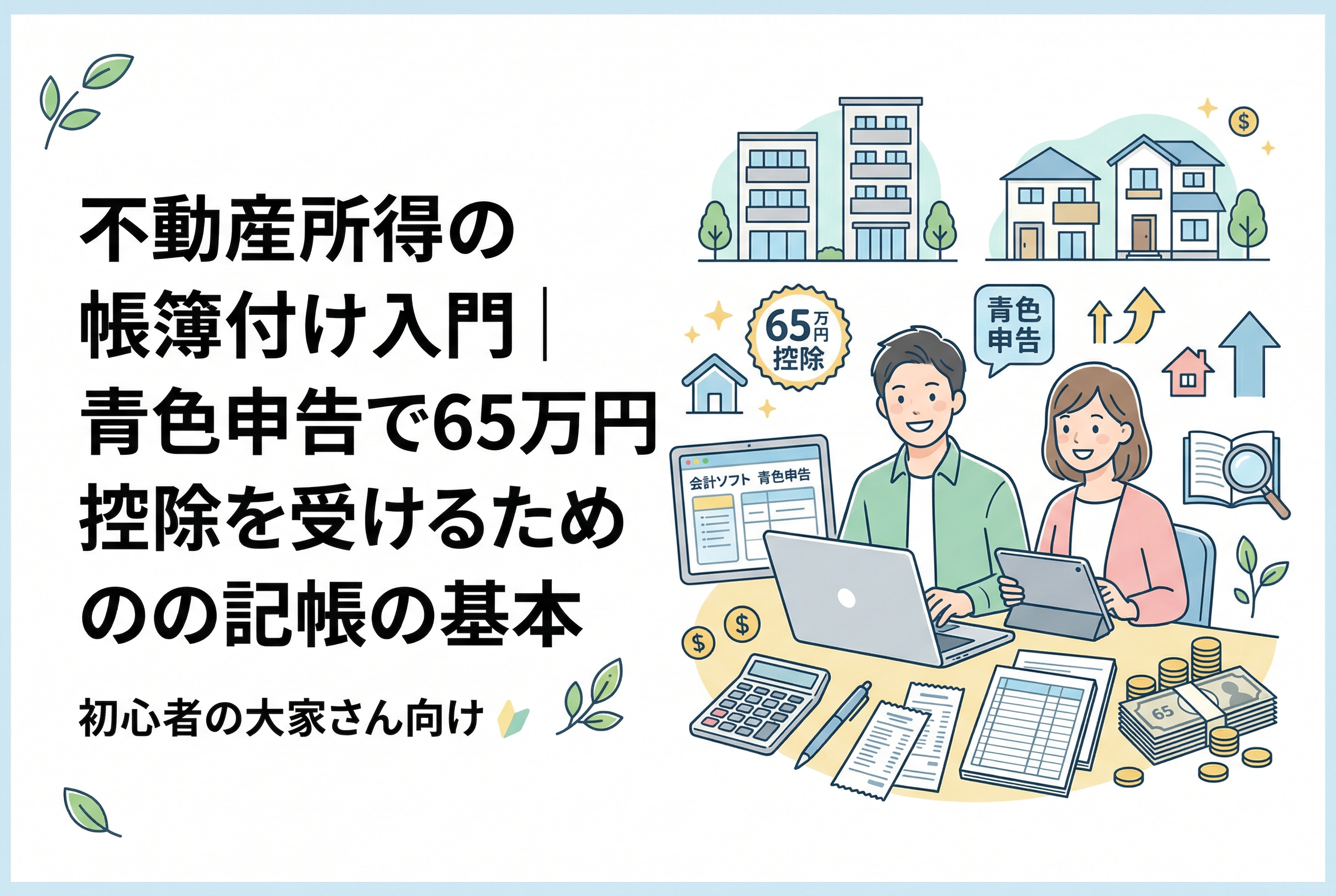 「不動産所得の帳簿付け入門」という記事タイトルが書かれたアイキャッチ画像。ノートパソコンや電卓を使って笑顔で青色申告の記帳を行う男女のオーナーと、65万円控除やアパートのアイコンが描かれた、清潔感のある親しみやすいイラスト。