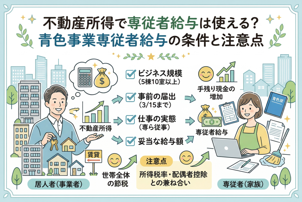 不動産所得で家族に給料を支払う「青色事業専従者給与」の仕組みと条件を解説したインフォグラフィック。左側にオーナー、右側に清掃や事務を行う家族が描かれ、中央には「5棟10室以上の規模」「3/15までの事前届出」「仕事の実態」「妥当な給与額」という4つの適用条件がチェックリスト形式で示されています。世帯全体の節税と手残り現金の増加を視覚化したデザインです。