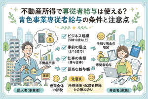 不動産所得で家族に給料を支払う「青色事業専従者給与」の仕組みと条件を解説したインフォグラフィック。左側にオーナー、右側に清掃や事務を行う家族が描かれ、中央には「5棟10室以上の規模」「3/15までの事前届出」「仕事の実態」「妥当な給与額」という4つの適用条件がチェックリスト形式で示されています。世帯全体の節税と手残り現金の増加を視覚化したデザインです。