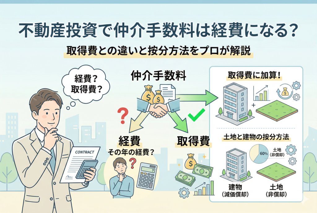 不動産投資における仲介手数料の税務処理を解説するイラスト。契約書を持つ男性が「経費か取得費か」悩んでおり、中央の仲介手数料(握手と金の袋)から「取得費に加算!」するという正解の矢印が示されています。右側には「土地と建物の按分方法」として、建物60%(減価償却)、土地40%(非償却)とする例が、建物と土地のイラスト、円グラフで分かりやすく描かれています。上部には「不動産投資で仲介手数料は経費になる?取得費との違いと按分方法をプロが解説」というタイトルが入っています。