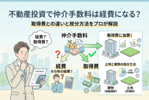 不動産投資における仲介手数料の税務処理を解説するイラスト。契約書を持つ男性が「経費か取得費か」悩んでおり、中央の仲介手数料（握手と金の袋）から「取得費に加算！」するという正解の矢印が示されています。右側には「土地と建物の按分方法」として、建物60%（減価償却）、土地40%（非償却）とする例が、建物と土地のイラスト、円グラフで分かりやすく描かれています。上部には「不動産投資で仲介手数料は経費になる？取得費との違いと按分方法をプロが解説」というタイトルが入っています。