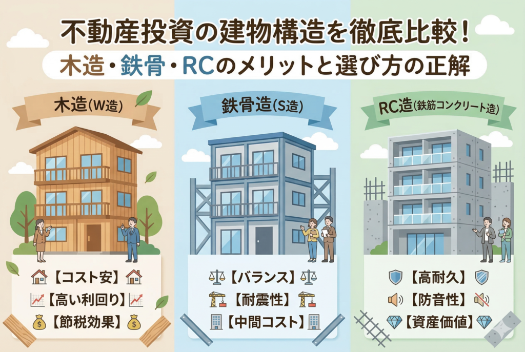 不動産投資における3つの建物構造(木造・鉄骨造・RC造)の特徴を比較したイラスト。木造の「コスト安・高い利回り」、鉄骨造の「バランス・耐震性」、RC造の「高耐久・防音性・資産価値」という各メリットが視覚的にまとめられています。