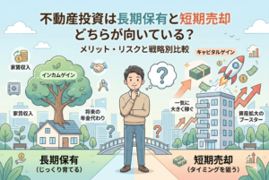 記事タイトル「不動産投資は長期保有と短期売却どちらが向いている？メリット・リスクと戦略別比較」をテーマにしたアイキャッチイラスト。中央に悩む男性投資家が立ち、左側の「長期保有（じっくり育てる）」では緑の木と家とともに家賃収入（インカムゲイン）による将来の年金代わり、右側の「短期売却（タイミングを狙う）」ではモダンなビルとロケットとともに売却益（キャピタルゲイン）による一気の資産拡大が、それぞれのメリットとして対比して描かれている。
