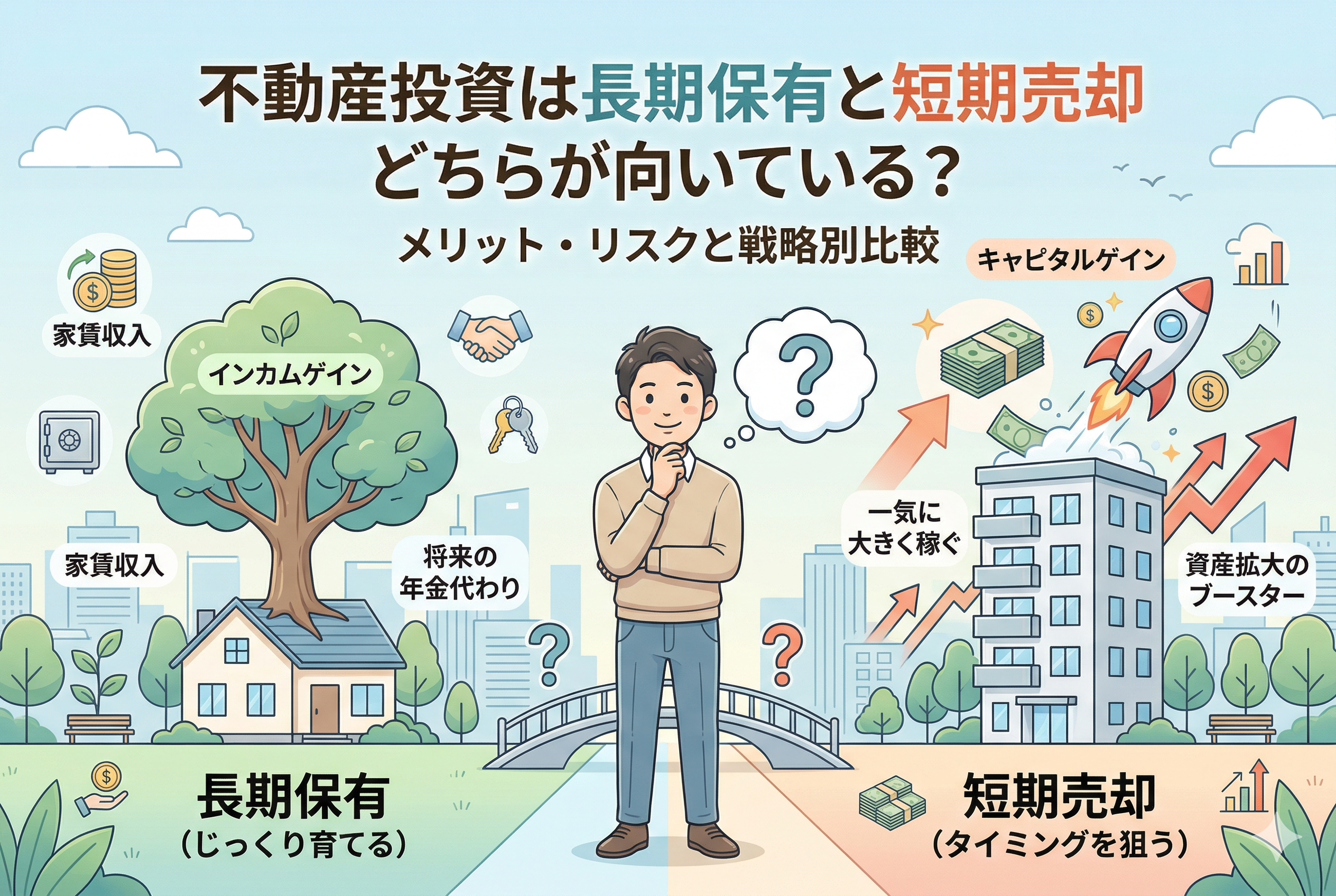 記事タイトル「不動産投資は長期保有と短期売却どちらが向いている?メリット・リスクと戦略別比較」をテーマにしたアイキャッチイラスト。中央に悩む男性投資家が立ち、左側の「長期保有(じっくり育てる)」では緑の木と家とともに家賃収入(インカムゲイン)による将来の年金代わり、右側の「短期売却(タイミングを狙う)」ではモダンなビルとロケットとともに売却益(キャピタルゲイン)による一気の資産拡大が、それぞれのメリットとして対比して描かれている。