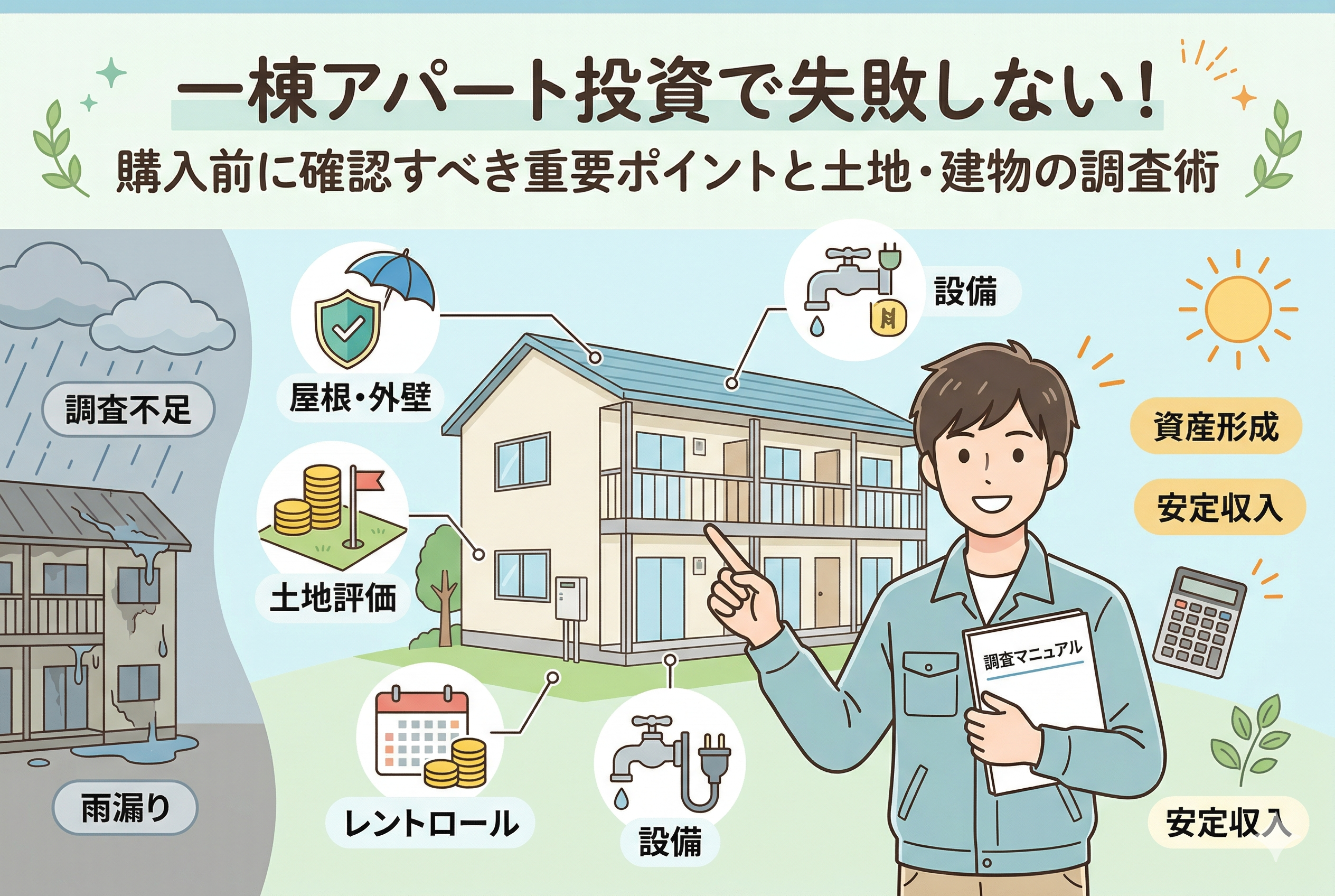 一棟アパート投資の調査ポイントを解説したイラスト。調査マニュアルを持つ笑顔の男性が建物を指差し、屋根・外壁、土地評価、レントロール、設備などのチェック項目をアイコンで図解している。左側には、調査不足により雨漏りが発生した古いアパートが対照的に描かれ、事前のリスク確認が安定した資産形成に繋がることを表現している。