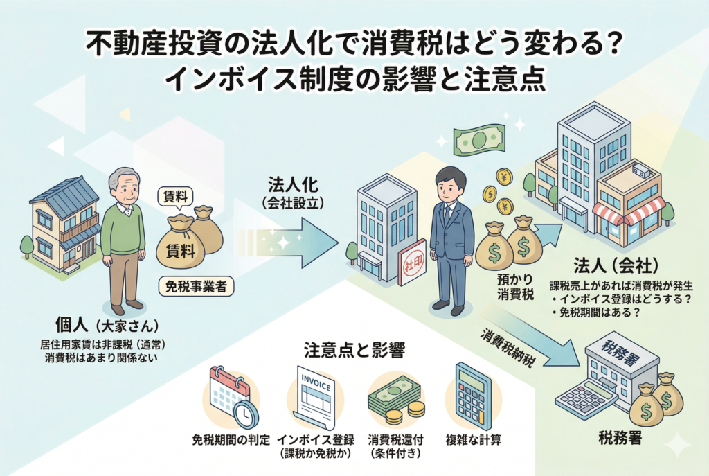 不動産投資の法人化における消費税の変化を比較した図。個人大家さんは免税事業者で居住用家賃は非課税だが、法人は課税売上があれば納税が必要になる。インボイス制度の影響として、免税期間の判定、登録判断、消費税還付、複雑な計算などの注意点も描かれている。