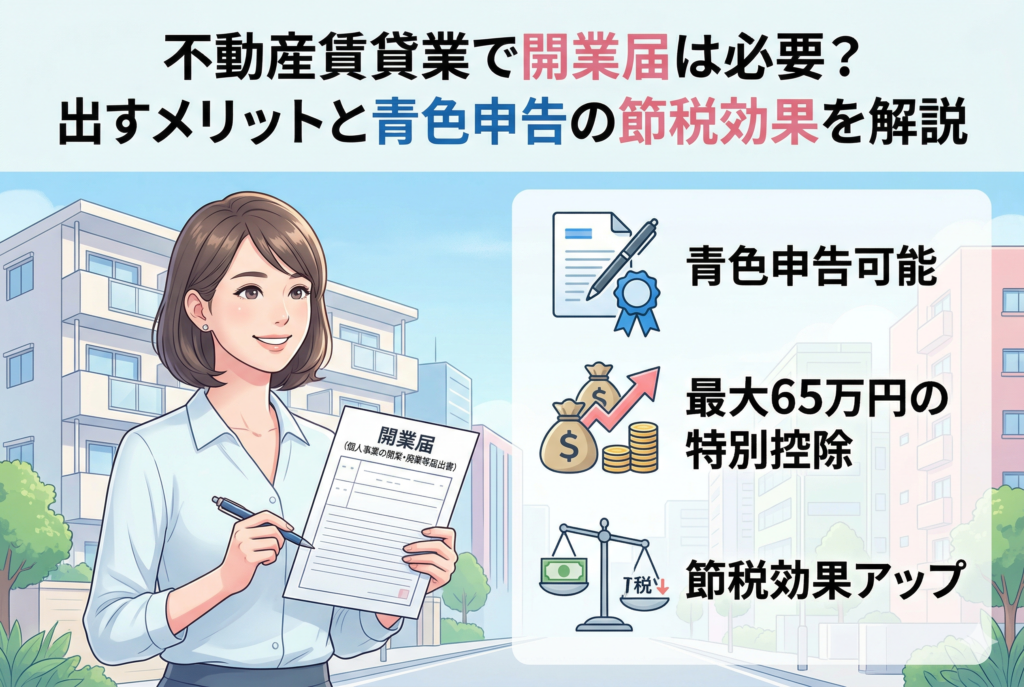 不動産賃貸業の開業届を手に持つ女性と、背景に建つアパートのイラスト。青色申告による「最大65万円の特別控除」や「節税効果アップ」といった具体的なメリットをアイコンで図解した、初心者大家さん向けのアイキャッチ画像。