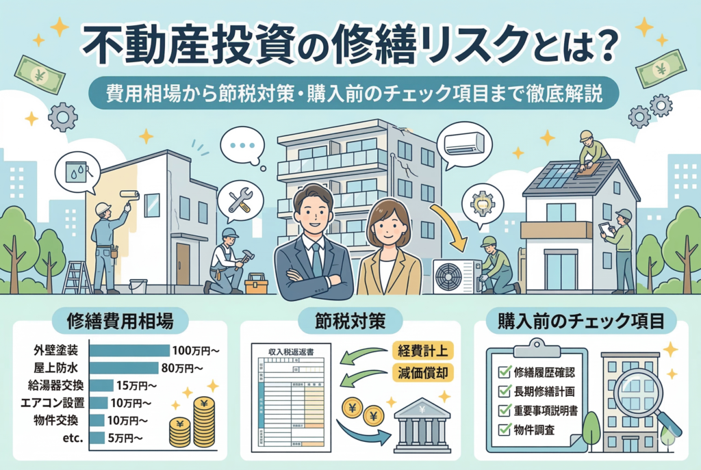 不動産投資の修繕リスクと対策をまとめた図解イラスト。中央に専門家のアドバイザーが立ち、背景には外壁塗装や設備修理の様子が描かれています。下部には「修繕費用相場（外壁・防水・給湯器など）」のグラフ、「節税対策（経費計上・減価償却）」の仕組み、「購入前のチェック項目（履歴確認・長期計画など）」のリストがインフォグラフィック形式で整理されています。上部には記事タイトルが明記されています。