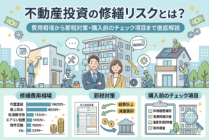 不動産投資の修繕リスクと対策をまとめた図解イラスト。中央に専門家のアドバイザーが立ち、背景には外壁塗装や設備修理の様子が描かれています。下部には「修繕費用相場（外壁・防水・給湯器など）」のグラフ、「節税対策（経費計上・減価償却）」の仕組み、「購入前のチェック項目（履歴確認・長期計画など）」のリストがインフォグラフィック形式で整理されています。上部には記事タイトルが明記されています。