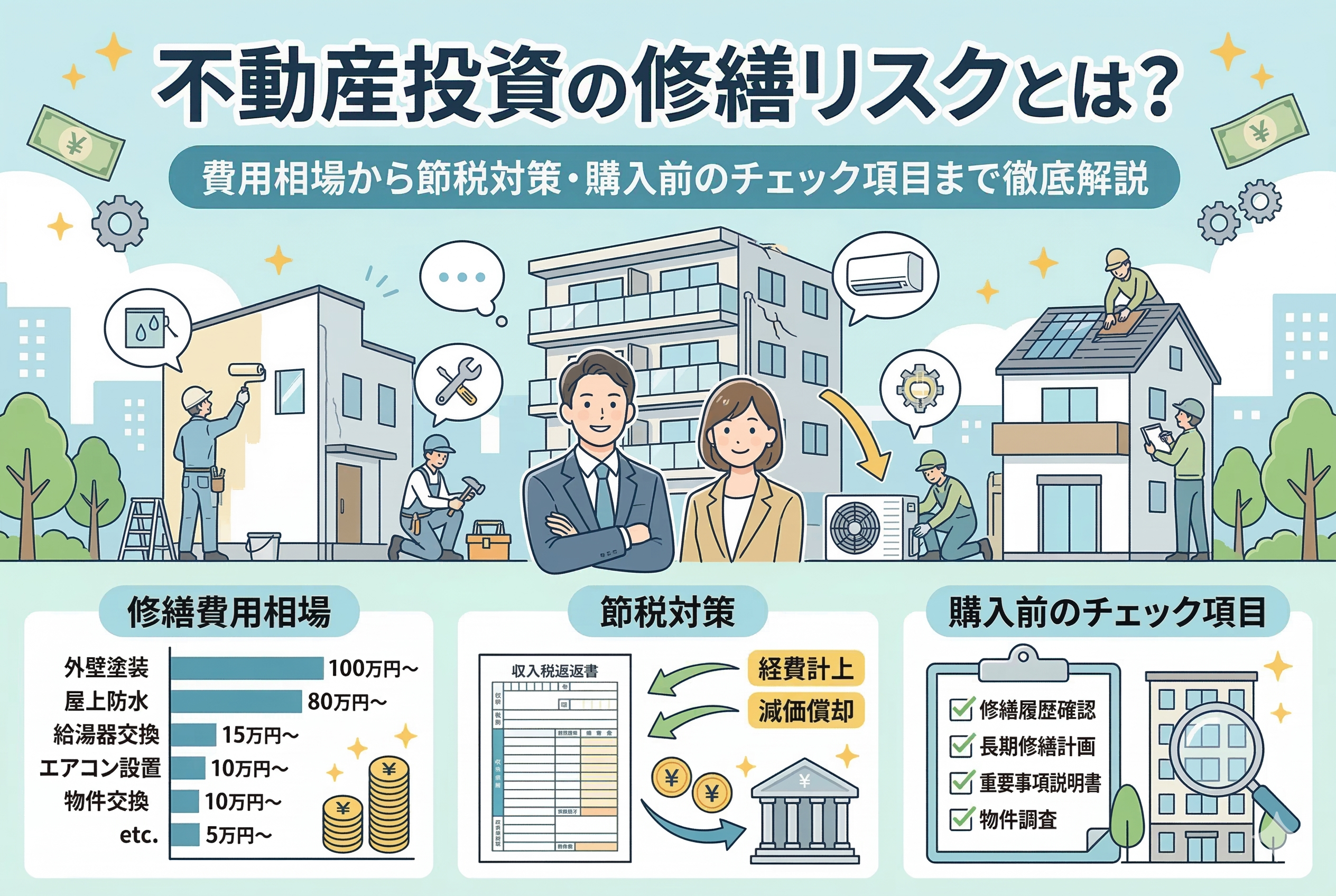 不動産投資の修繕リスクと対策をまとめた図解イラスト。中央に専門家のアドバイザーが立ち、背景には外壁塗装や設備修理の様子が描かれています。下部には「修繕費用相場（外壁・防水・給湯器など）」のグラフ、「節税対策（経費計上・減価償却）」の仕組み、「購入前のチェック項目（履歴確認・長期計画など）」のリストがインフォグラフィック形式で整理されています。上部には記事タイトルが明記されています。