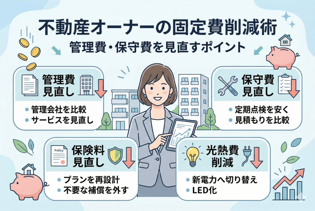 不動産オーナーの固定費削減術を視覚的にまとめたイラスト。「管理費見直し」「保守費見直し」「保険料見直し」「光熱費削減」の4つの主要な見直しポイントが整理され、中央の女性が解説している構図。管理会社の比較やLED化など、具体的な削減方法がアイコンと共に描かれ、右下には利益が右肩上がりに伸びるグラフが配置されている。