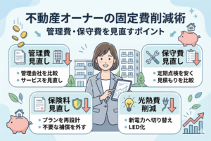 不動産オーナーの固定費削減術を視覚的にまとめたイラスト。「管理費見直し」「保守費見直し」「保険料見直し」「光熱費削減」の4つの主要な見直しポイントが整理され、中央の女性が解説している構図。管理会社の比較やLED化など、具体的な削減方法がアイコンと共に描かれ、右下には利益が右肩上がりに伸びるグラフが配置されている。