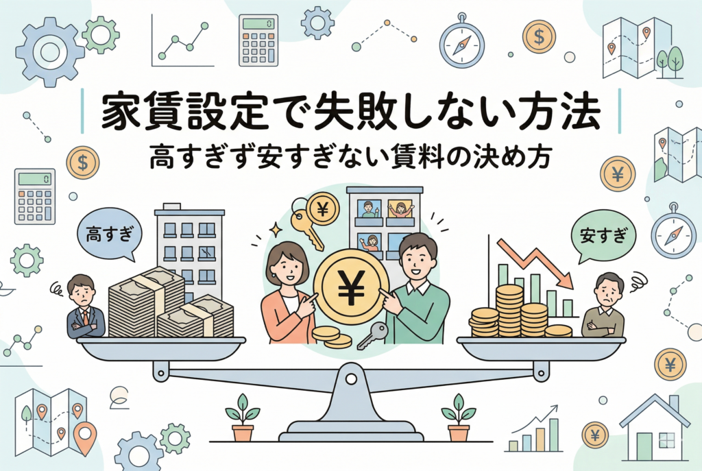 家賃設定で失敗しない方法を解説するインフォグラフィック画像。中央の天秤が『高すぎず安すぎない』最適な賃料で完璧にバランスを保っており、満室と笑顔の大家さんが描かれている。左側は高すぎる家賃で空室に悩む様子、右側は安すぎる家賃で利益が減少している様子が対比されている。