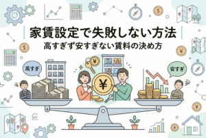 家賃設定で失敗しない方法を解説するインフォグラフィック画像。中央の天秤が『高すぎず安すぎない』最適な賃料で完璧にバランスを保っており、満室と笑顔の大家さんが描かれている。左側は高すぎる家賃で空室に悩む様子、右側は安すぎる家賃で利益が減少している様子が対比されている。