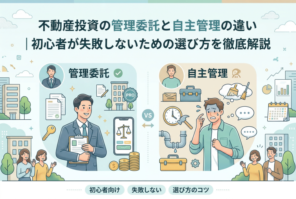 不動産投資の「管理委託」と「自主管理」の違いを比較したイラスト。左側にはプロのサポートで安心する投資家、右側には水漏れやトラブル対応に追われる自主管理の様子が描かれ、記事タイトル「不動産投資の管理委託と自主管理の違い|初心者が失敗しないための選び方を徹底解説」が添えられたアイキャッチ画像。