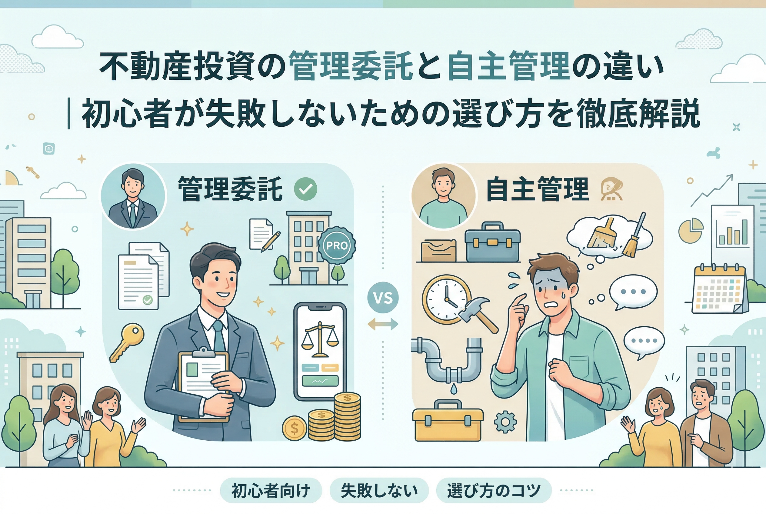 不動産投資の「管理委託」と「自主管理」の違いを比較したイラスト。左側にはプロのサポートで安心する投資家、右側には水漏れやトラブル対応に追われる自主管理の様子が描かれ、記事タイトル「不動産投資の管理委託と自主管理の違い｜初心者が失敗しないための選び方を徹底解説」が添えられたアイキャッチ画像。