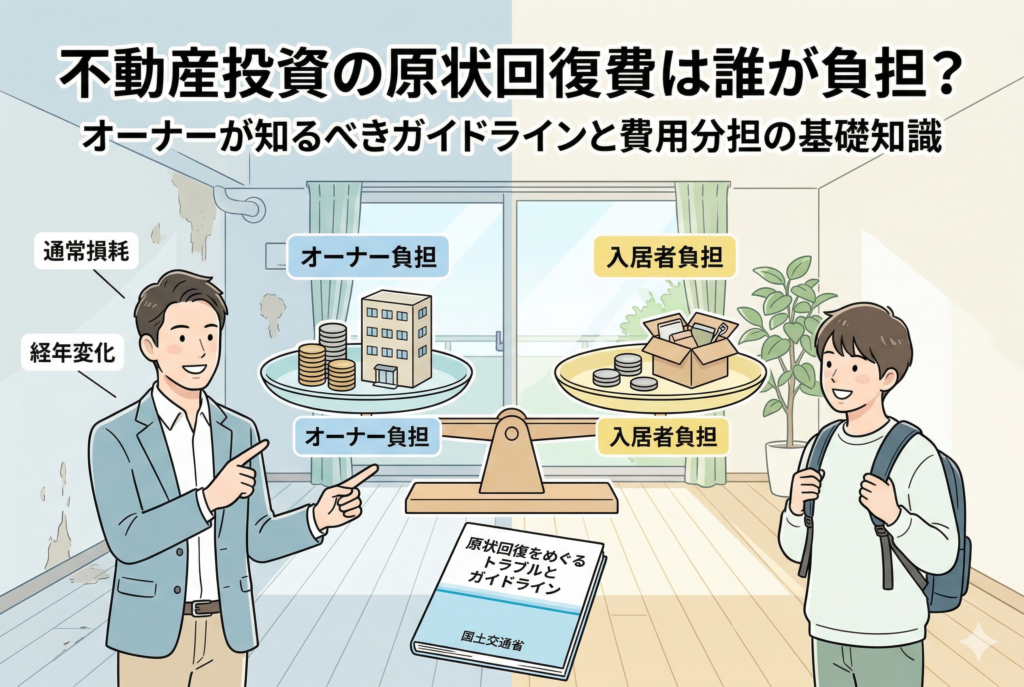 不動産投資における原状回復費の負担について、オーナー(左)と入居者(右)の分担割合を天秤で図解したイラスト。左側のオーナー負担の天秤には物件とコインが乗り「通常損耗」「経年変化」を指差しており、右側の入居者負担の天秤には荷物とコインが乗っている。中央下部には「国土交通省 ガイドライン」の冊子が置かれている。
