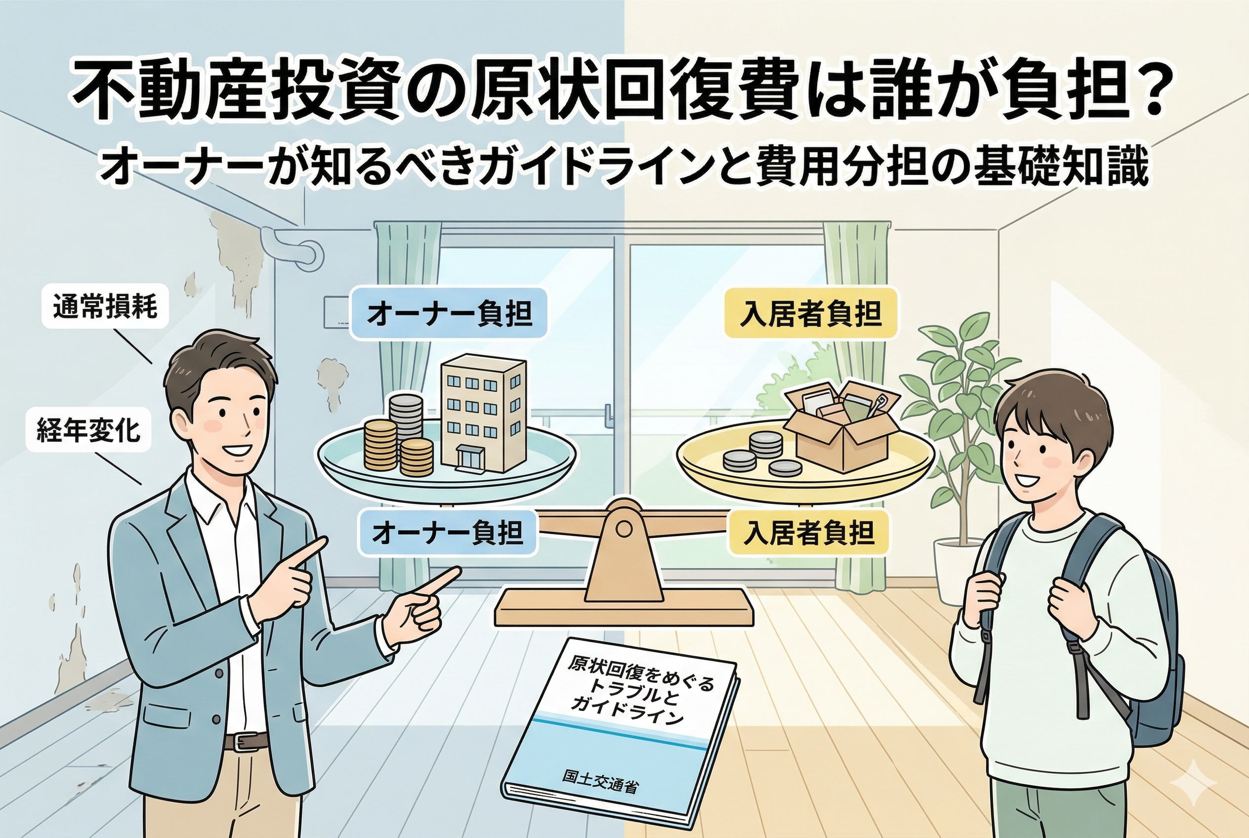 不動産投資における原状回復費の負担について、オーナー(左)と入居者(右)の分担割合を天秤で図解したイラスト。左側のオーナー負担の天秤には物件とコインが乗り「通常損耗」「経年変化」を指差しており、右側の入居者負担の天秤には荷物とコインが乗っている。中央下部には「国土交通省 ガイドライン」の冊子が置かれている。