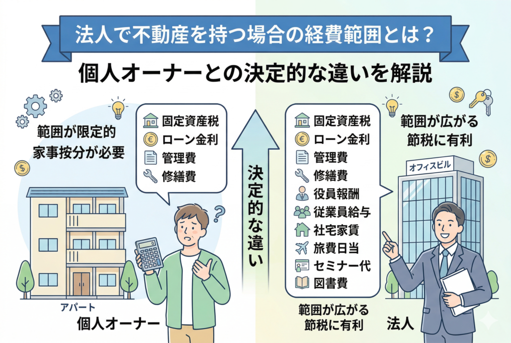 個人オーナーと法人による不動産保有時の経費範囲の比較図。個人は固定資産税、ローン金利、管理費、修繕費などに限定され、家事按分が必要。対して法人はそれらに加え、役員報酬、従業員給与、社宅家賃、旅費日当、セミナー代、図書費まで範囲が広がり、節税に有利であることが示されている。