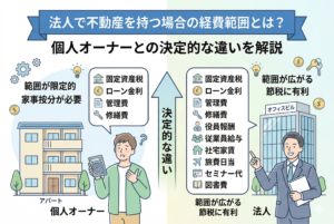 個人オーナーと法人による不動産保有時の経費範囲の比較図。個人は固定資産税、ローン金利、管理費、修繕費などに限定され、家事按分が必要。対して法人はそれらに加え、役員報酬、従業員給与、社宅家賃、旅費日当、セミナー代、図書費まで範囲が広がり、節税に有利であることが示されている。