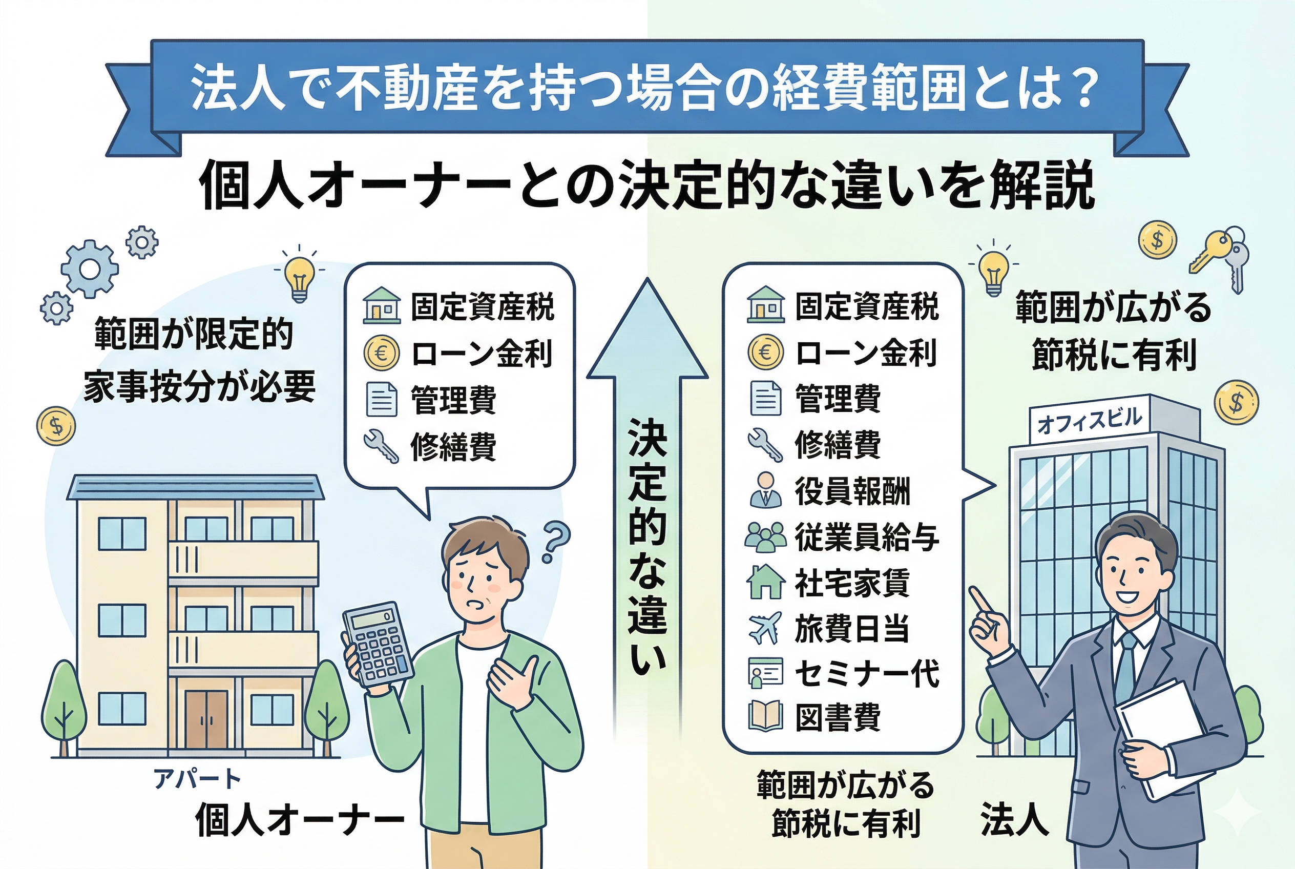 個人オーナーと法人による不動産保有時の経費範囲の比較図。個人は固定資産税、ローン金利、管理費、修繕費などに限定され、家事按分が必要。対して法人はそれらに加え、役員報酬、従業員給与、社宅家賃、旅費日当、セミナー代、図書費まで範囲が広がり、節税に有利であることが示されている。