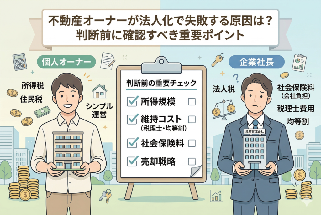 不動産オーナーの法人化失敗原因と重要チェックポイントを解説するアイキャッチ画像。左側にはアパート模型を持つ笑顔の「個人オーナー」と所得税・住民税の文字、右側には会社ビルを持つスーツ姿の「企業社長（資産管理会社）」と法人税・社会保険料・税理士費用・均等割の文字が描かれている。中央には「判断前の重要チェック」として「所得規模」「維持コスト」「社会保険料」「売却戦略」の4つのチェックリストが示されている。
