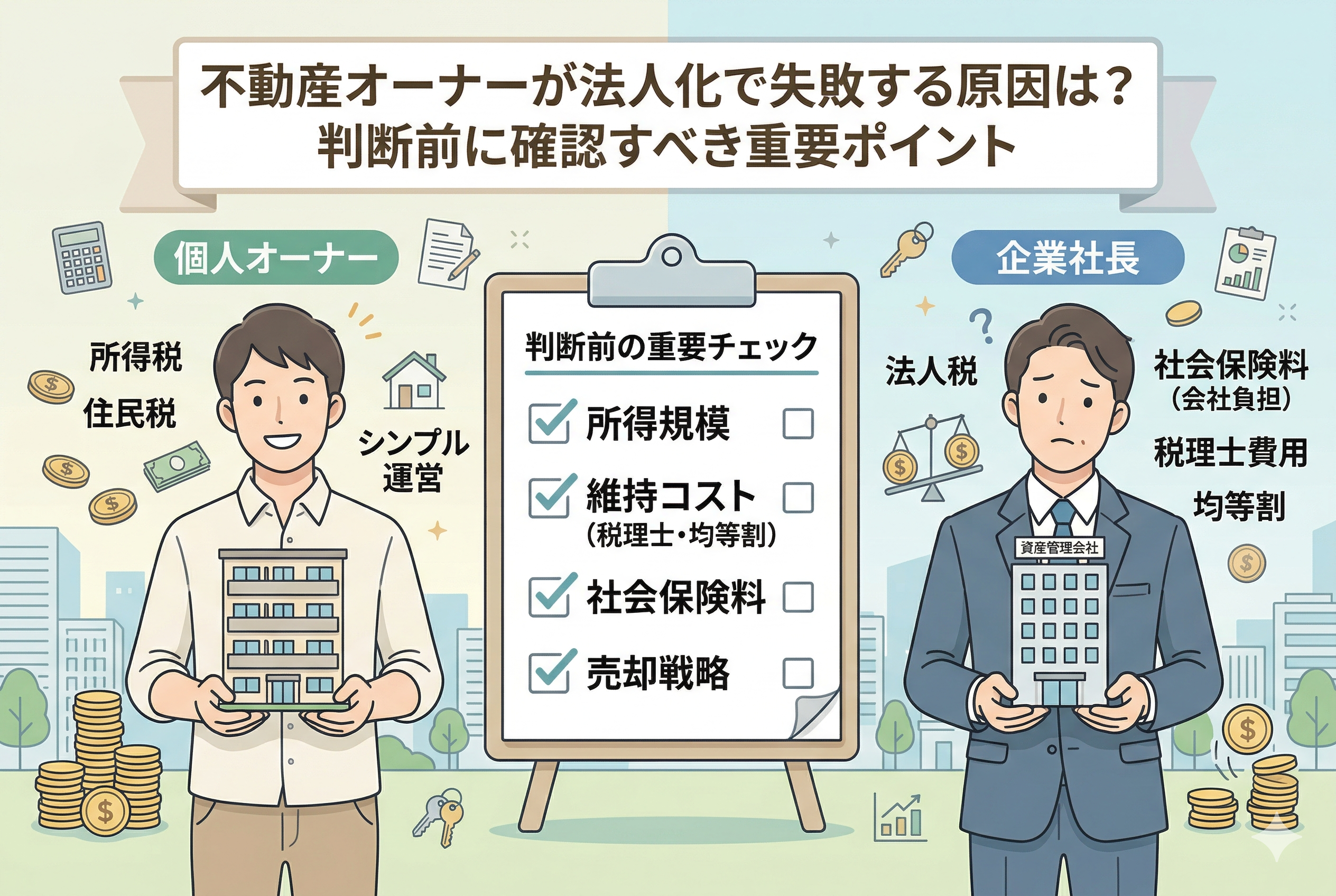 不動産オーナーの法人化失敗原因と重要チェックポイントを解説するアイキャッチ画像。左側にはアパート模型を持つ笑顔の「個人オーナー」と所得税・住民税の文字、右側には会社ビルを持つスーツ姿の「企業社長（資産管理会社）」と法人税・社会保険料・税理士費用・均等割の文字が描かれている。中央には「判断前の重要チェック」として「所得規模」「維持コスト」「社会保険料」「売却戦略」の4つのチェックリストが示されている。