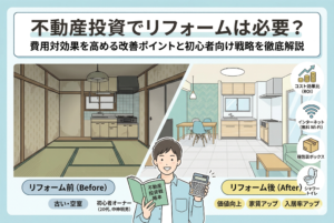 不動産投資におけるリフォームのビフォーアフターを比較したイラスト。左側には古びた和室の「リフォーム前」、右側には明るくモダンなキッチンとリビングの「リフォーム後」が描かれている。中央には計算機と本を持つ初心者オーナーが立ち、右側にはROI、無料Wi-Fi、宅配ボックス、シャワートイレなどの価値向上ポイントを示すアイコンが並んでいる。